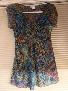 Silver Lining Paisley Twist-Front Short Sleeve Tunic in Multi-Color